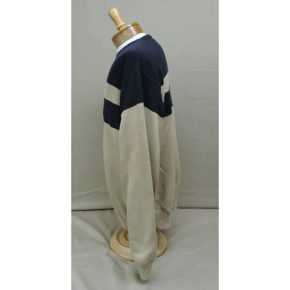 Nautica men's size L cotton crew neck sweater knit tan and navy blue